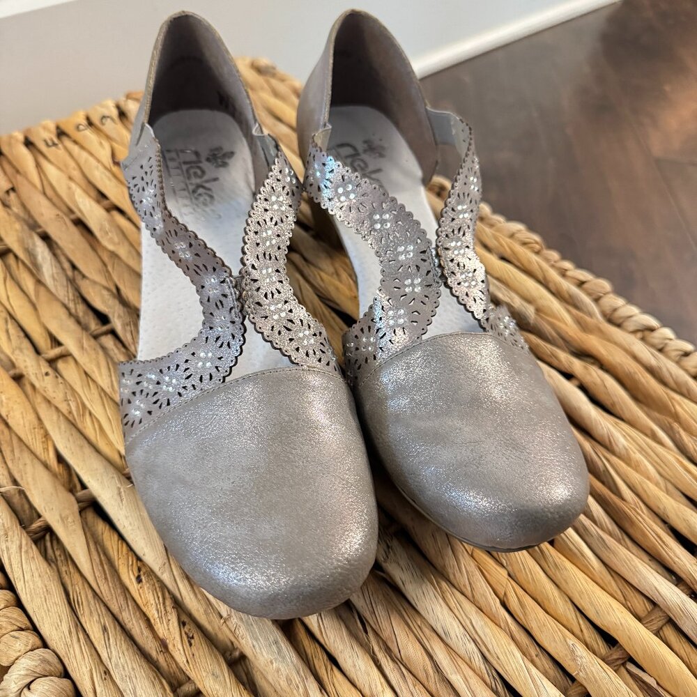 Rieker Mariah Grey Metallic Shoes Women's EU 42 Leather Slip On Comfort Shoe - Picture 2 of 7